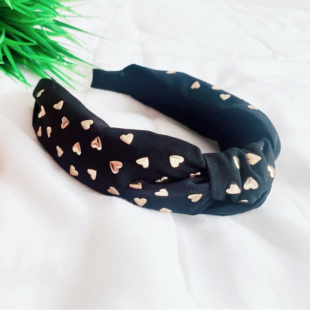 Knotted Black Fashion headband With Gold Studded Hearts